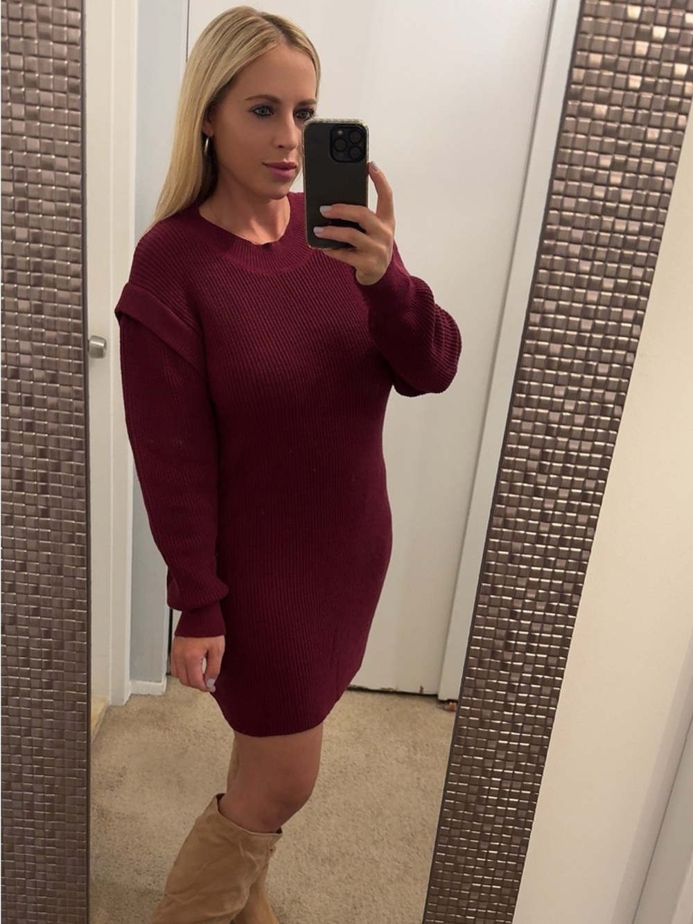 Ribbed Sweater Dress in Burgundy